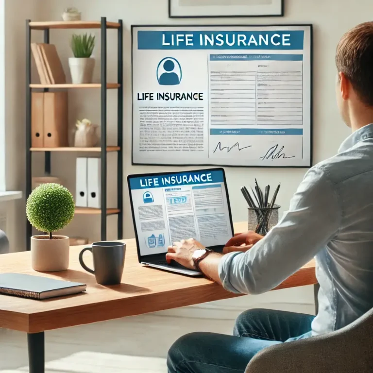 Self-employed individual reviewing life insurance documents on a laptop in a modern home office.