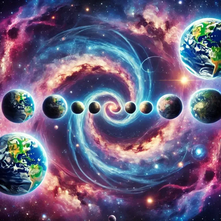 A mesmerizing cosmic scene depicting parallel universes with multiple Earth-like planets floating in a colorful space filled with stars, nebulae, and galaxies. A swirling vortex represents the connection between dimensions, symbolizing alternate realities.