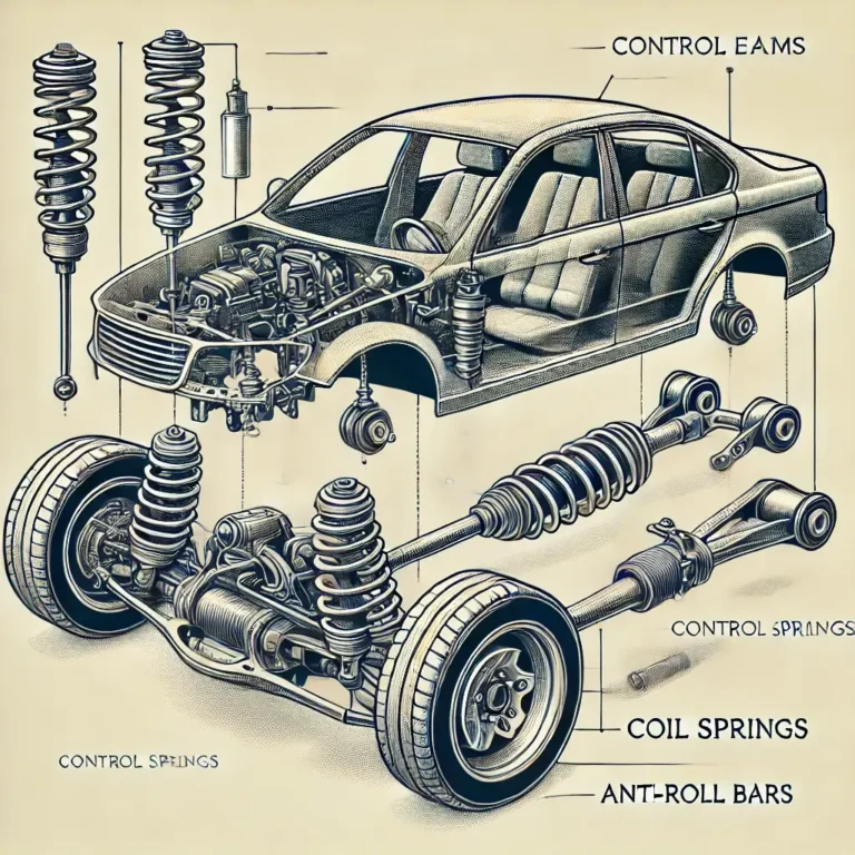 An illustration of a multi-link car suspension system, showing its key components, including control arms, coil springs, dampers, and anti-roll bars, with a schematic-style cutaway view.