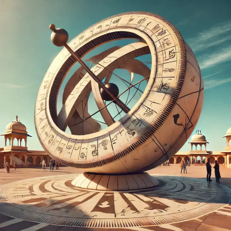 A close-up view of the Jai Prakash Yantra at Jantar Mantar, Jaipur, with its intricate hemispherical design. The image captures the geometric markings and measuring scales under bright sunlight.