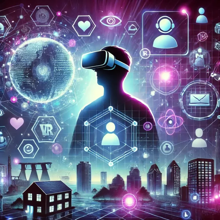 A futuristic illustration of the metaverse featuring a person wearing a high-tech VR headset, surrounded by holographic virtual worlds, floating digital icons, and a glowing network grid, symbolizing the interconnected digital universe.