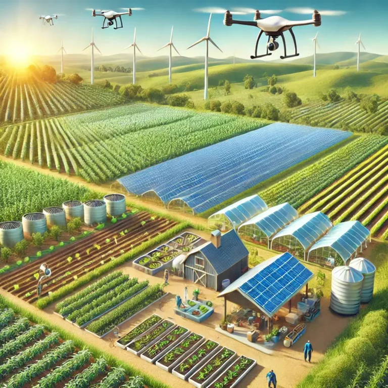 An eco-friendly farm utilizing sustainable practices, featuring rows of crops with precision irrigation, solar panels, a wind turbine, and farmers using drones for monitoring. The farm also includes a compost area and a greenhouse with vertical farming and hydroponic plants.