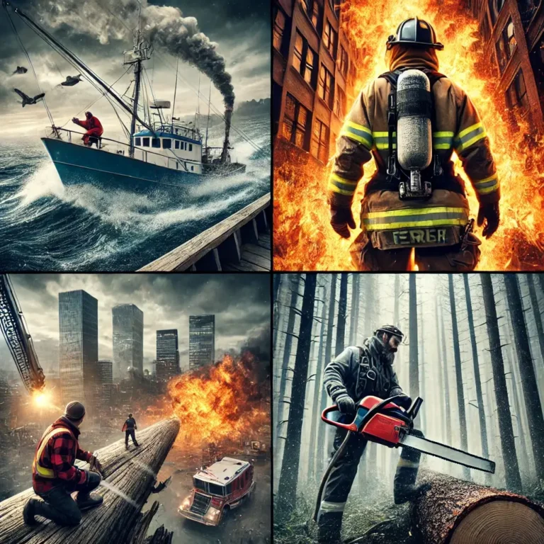 Commercial fisherman on a stormy sea, a construction worker on a high-rise with a safety harness, a firefighter battling flames, and a logging worker cutting a tree in a forest, symbolizing the world's most dangerous jobs.