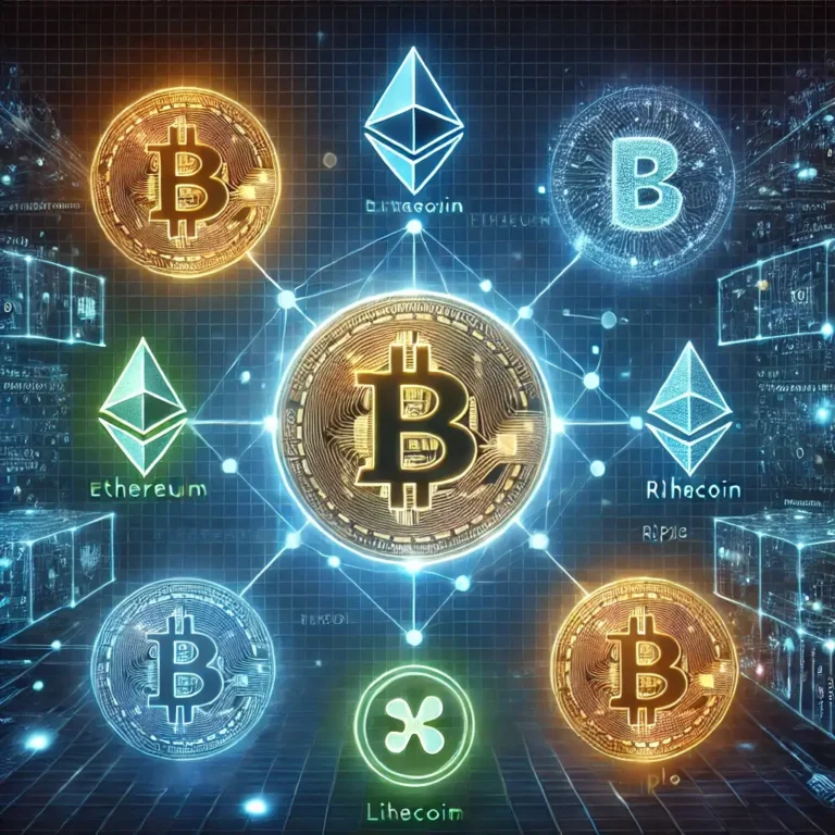 Futuristic illustration of cryptocurrency with a glowing Bitcoin symbol, blockchain networks, and digital currency icons.