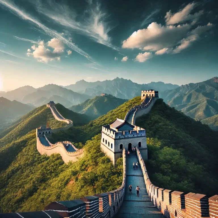 The Great Wall of China winding through lush green mountains under a clear blue sky."
