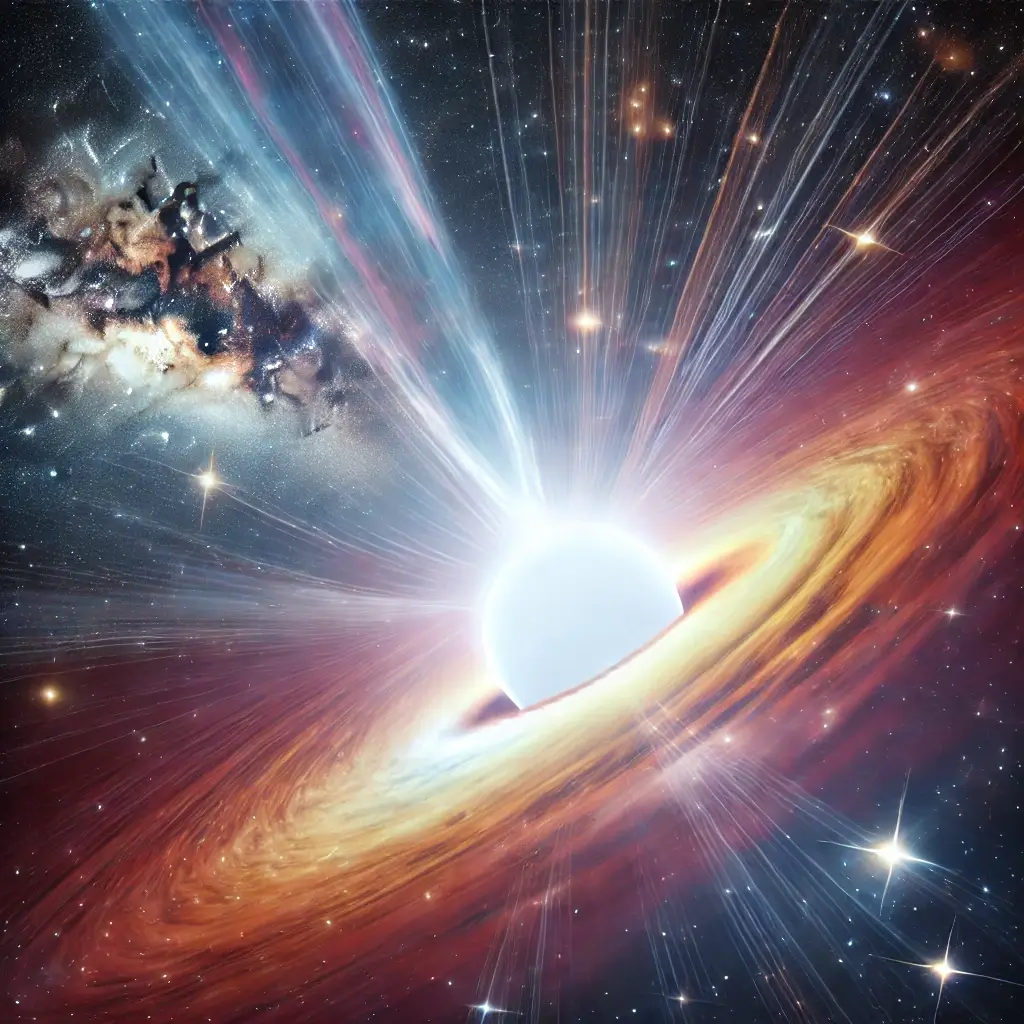 A glowing white hole in space, expelling bright streams of light and particles, surrounded by cosmic nebulae and stars.