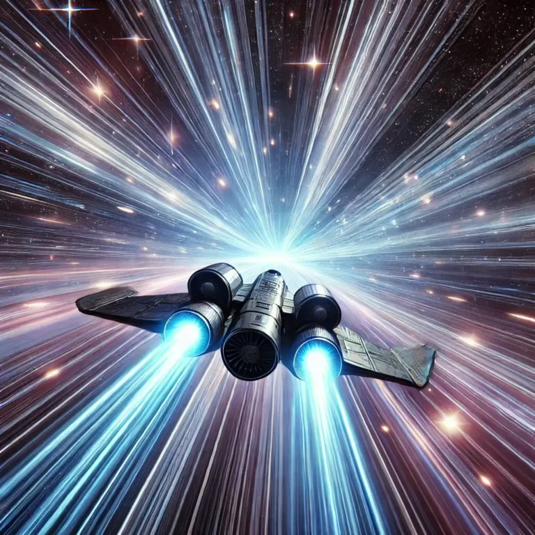 A futuristic spaceship entering hyperspace, surrounded by glowing blue and purple light streaks, creating a tunnel-like effect, with stars blurring into radiant lines.