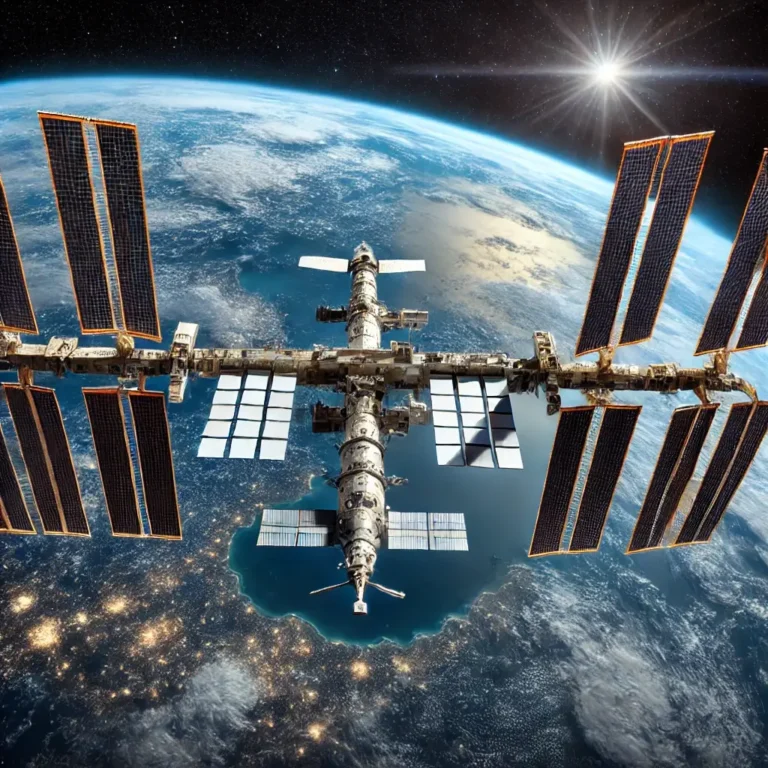 A spectacular view of the International Space Station (ISS) orbiting Earth, with massive solar panels fully extended and reflecting sunlight. The curvature of Earth with blue oceans and white clouds is visible below, while the blackness of space forms the backdrop.