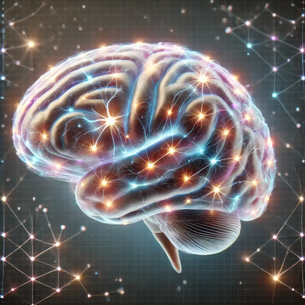 Realistic image of a human brain showing glowing neural connections with the hippocampus, prefrontal cortex, and amygdala highlighted. The synapses are illuminated, symbolizing memory formation and storage.