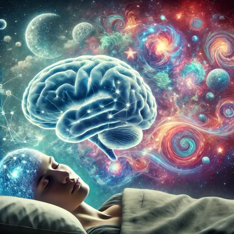Surreal image of a person dreaming with their head on a pillow, showing a semi-transparent brain with glowing neural pathways and colorful swirling dreamscapes. The dream contains floating islands, stars, and cosmic waves, symbolizing the imaginative nature of dreams.