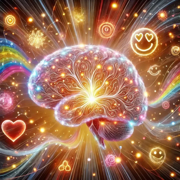 Artistic image of a human brain with glowing pathways representing dopamine, serotonin, oxytocin, and endorphins. The brain is surrounded by colorful, swirling energy waves symbolizing happiness, with floating smiley faces, hearts, and light bursts.