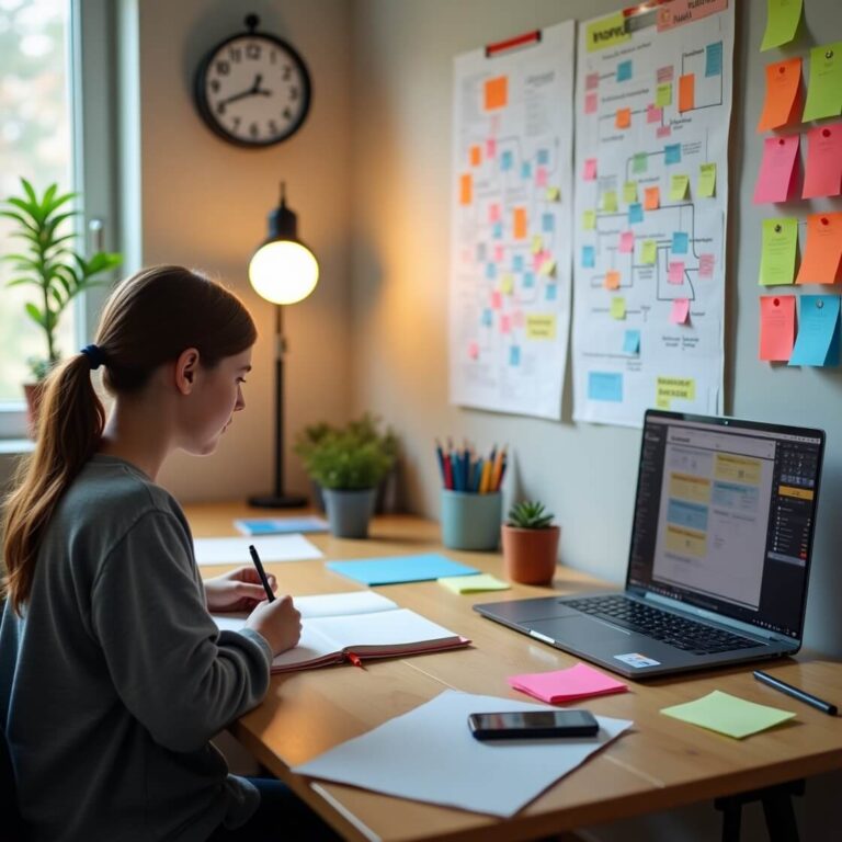 Productive study setup with a desk, open laptop, colorful sticky notes, and a Pomodoro timer. Student actively taking notes with a mind map on the wall and natural lighting.