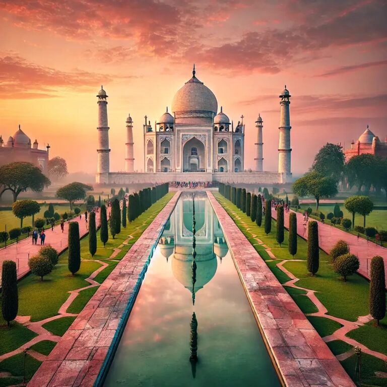 The Taj Mahal in Agra, India, with its white marble dome, symmetrical minarets, and reflecting pool under a clear blue sky.