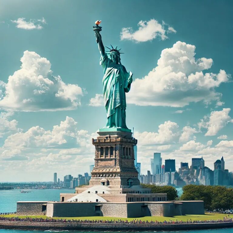 The Statue of Liberty standing tall on Liberty Island with its torch raised against a clear blue sky.