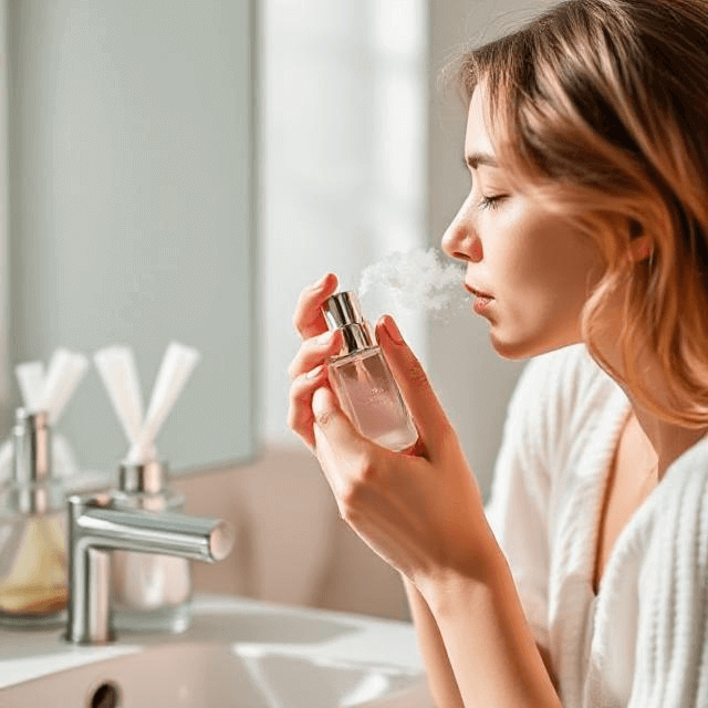 An image illustrating tips for maintaining a pleasant fragrance and hygiene to smell good all day, including fragrance layering, deodorant use, and skincare.