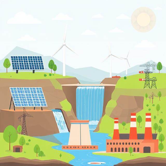 Flat illustration of various electricity generation methods including solar panels, wind turbines, hydro dam, nuclear plant, and coal station.