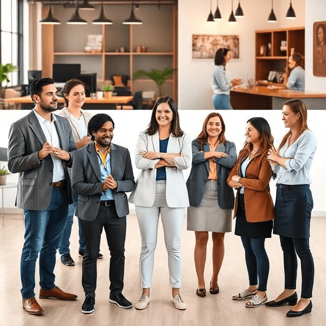 A diverse group of confident men and women showing strong body language with good posture, eye contact, and open gestures in various settings like office, café, and stage.