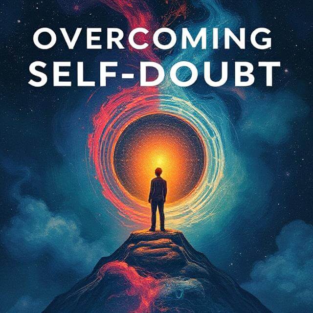 A person standing confidently on a mountain peak under sunrise, symbolizing overcoming self-doubt and achieving personal growth