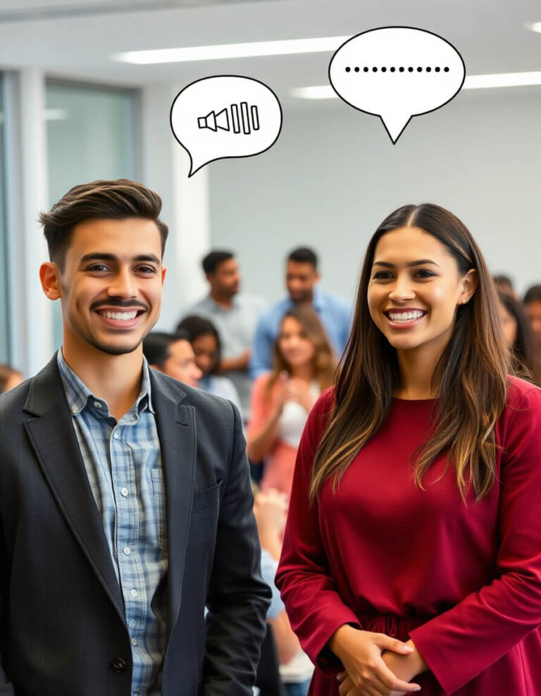 People communicating confidently with clear speech and positive body language in a professional setting