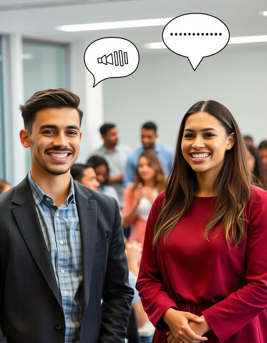 People communicating confidently with clear speech and positive body language in a professional setting