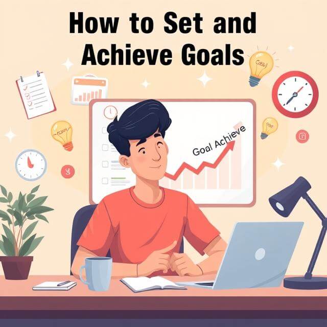 Motivated person setting goals with checklist, laptop, and success icons like target, graph, and lightbulb – inspiring digital illustration for article on how to set and achieve goals