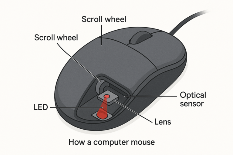 A labeled digital illustration of an optical computer mouse displaying its internal components, including the LED sensor, buttons, and scroll wheel.