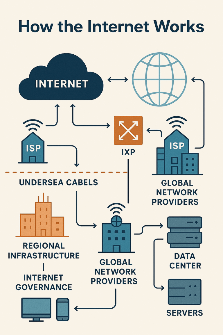An infographic illustrating the working of the Internet, showing global Internet infrastructure, data transfer pathways, undersea cables, ISPs, data centers, and major protocols used for communication.