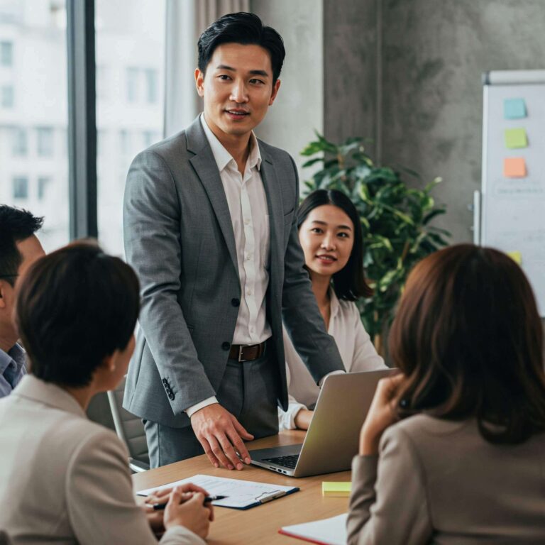 An empathetic leader actively listening and guiding a diverse team