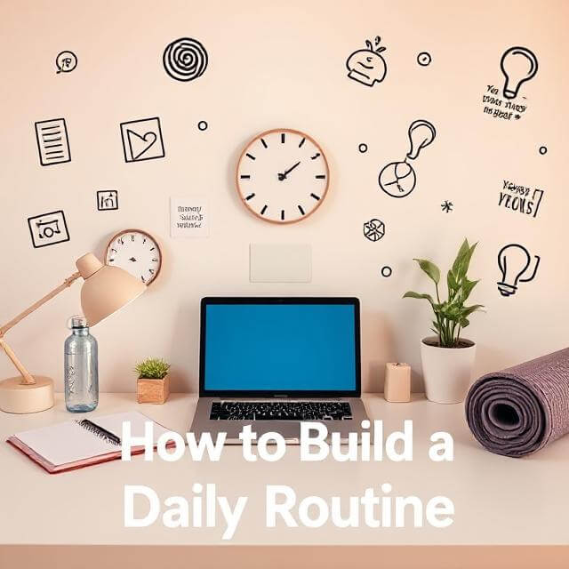 Organized workspace with planner, clock, laptop, and wellness items like a water bottle and plants, symbolizing a balanced daily routine with icons representing productivity, time management, and goal-setting. Inspirational image for the article on building a daily routine.