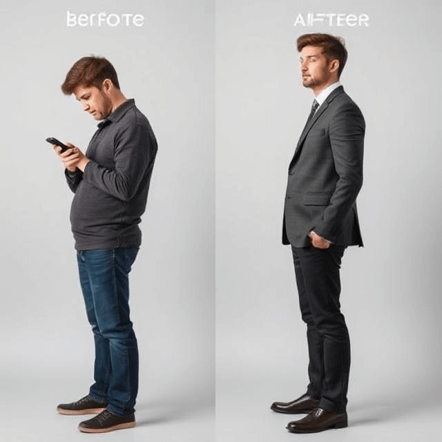 Side-by-side image showing a person with poor slouched posture on the left and improved, confident upright posture on the right.