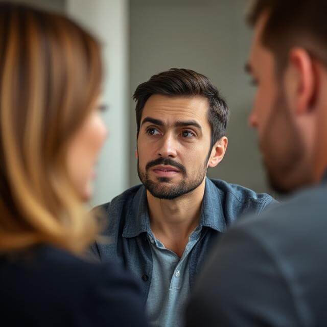 A young person practicing active listening in a conversation with focused eye contact and open body language.