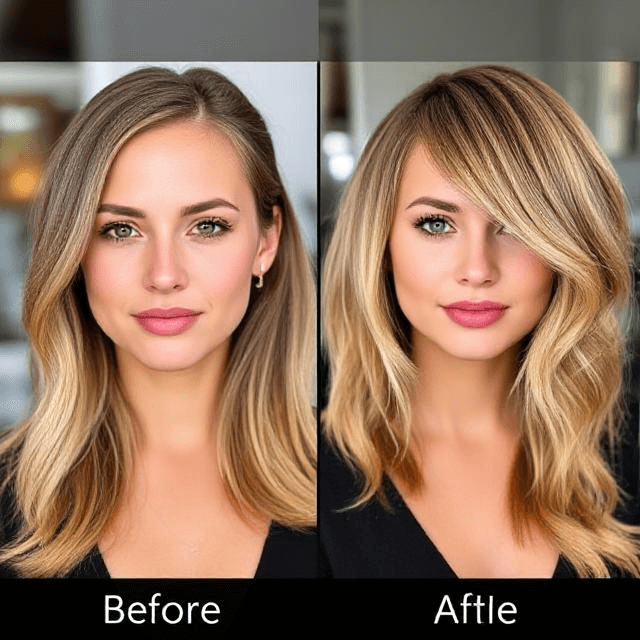 Before-and-after hairstyle transformations for different face shapes, showing the impact of a well-chosen haircut.