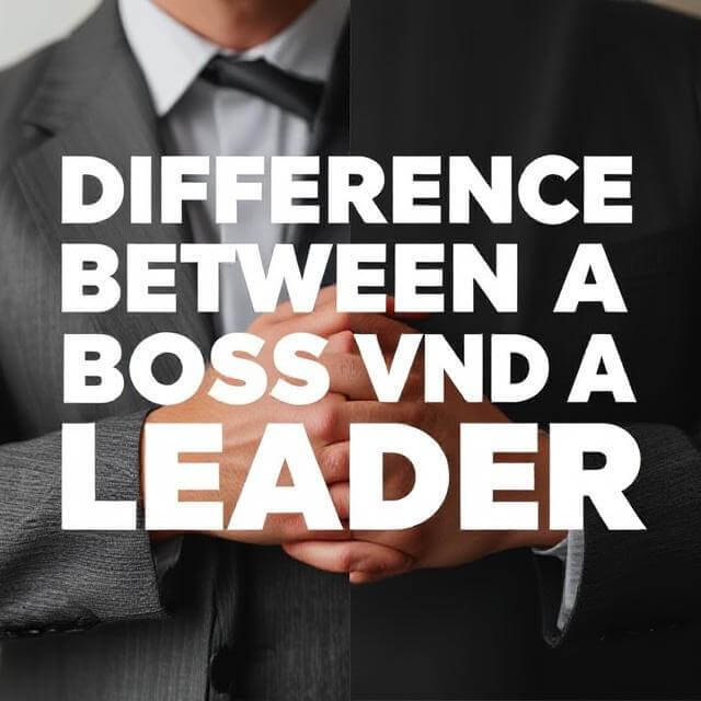 Illustration showing the difference between a boss and a leader with key traits like communication, motivation, and leadership style