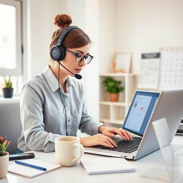 Modern virtual assistant using laptop with headset in a productive home office setup