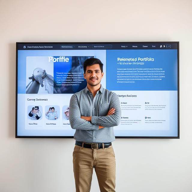 Confident individual showcasing their personal brand with digital elements like social media, portfolio highlights, and career milestones