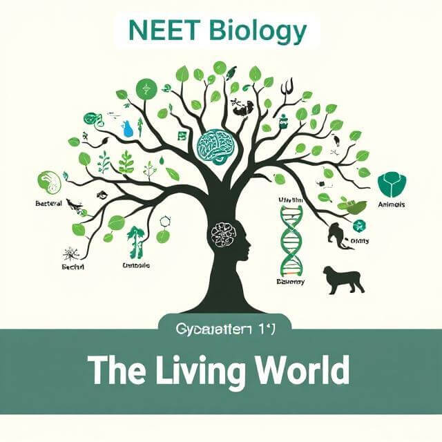 Illustrated infographic summarizing Chapter 1 – The Living World for NEET, showing Tree of Life, biological processes like metabolism and consciousness, and taxonomy flow.