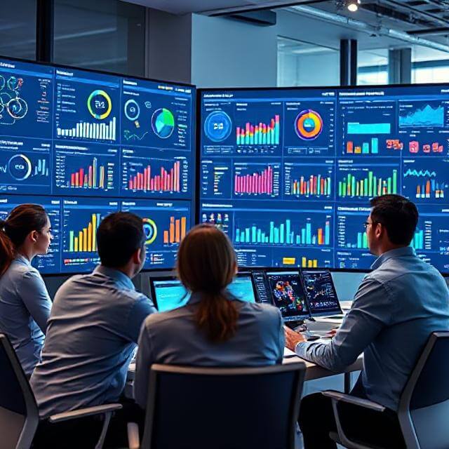 Business analysts using Power BI and Tableau dashboards to visualize and analyze real-time data for strategic decision-making.
