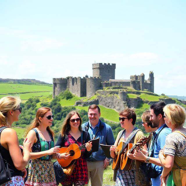 Group of tourists enjoying Irish experiential travel with cultural workshops, scenic landscapes, and heritage tours in Ireland 2025