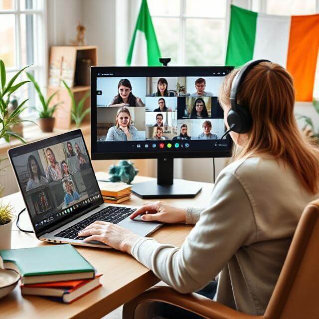 Online tutor conducting virtual class from home office in Ireland with students attending via video call