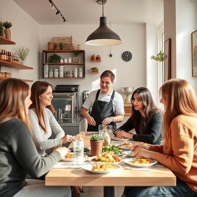 Low-cost restaurant interior in Sweden showing owner serving food in a cozy space with Scandinavian design.