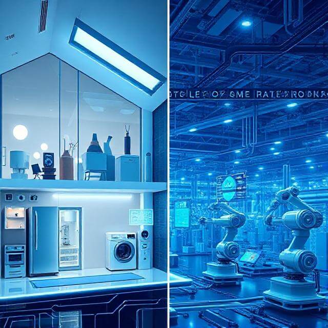 Illustration of Internet of Things (IoT) in a smart home and industrial setting showing connected appliances and automated manufacturing systems