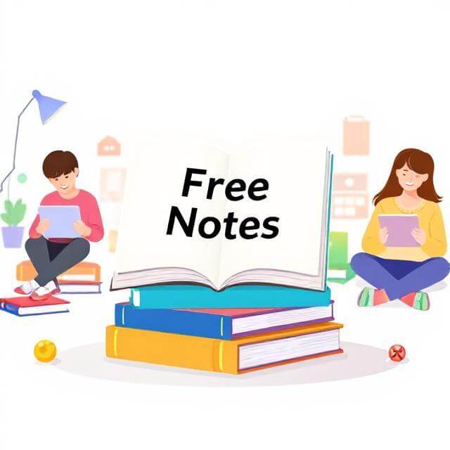 Illustration of students studying online with a stack of books and a glowing open notebook labeled 'Free Notes' showing digital education concept