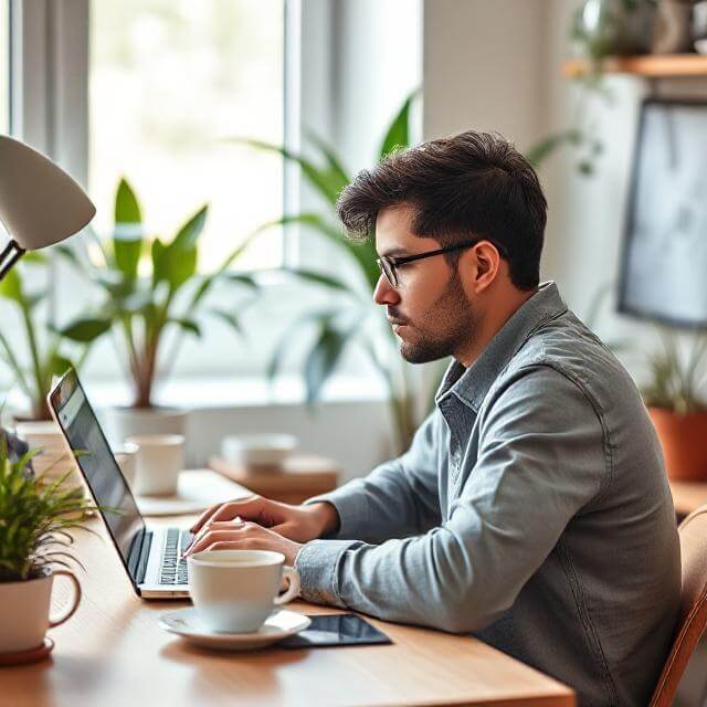 Freelancer working from home with a laptop in a cozy, modern workspace, showcasing the flexibility of remote work.