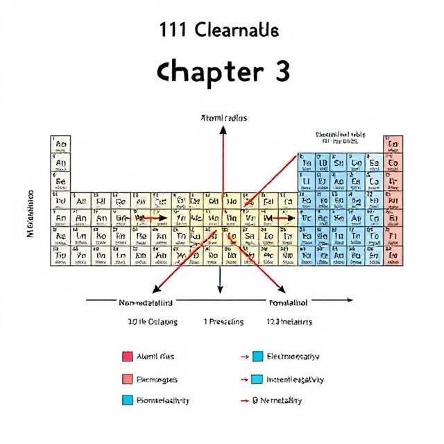Periodic trends diagram for Class 11 Chemistry Chapter 3 showing atomic radius, ionization energy, electronegativity, and metallic character