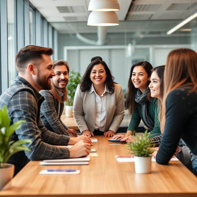 Confident leader motivating diverse team members during meeting in a bright modern office
