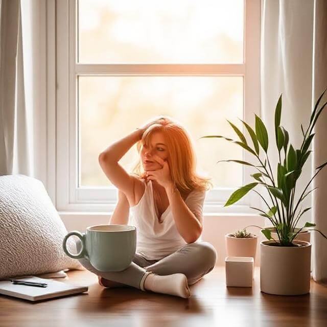 Person starting a productive morning routine with stretching, hydration, and goal setting in a sunlit room