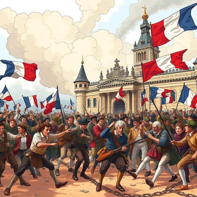 People storming the Bastille during the French Revolution holding flags and weapons – historical event from 1789 symbolizing liberty and equality.