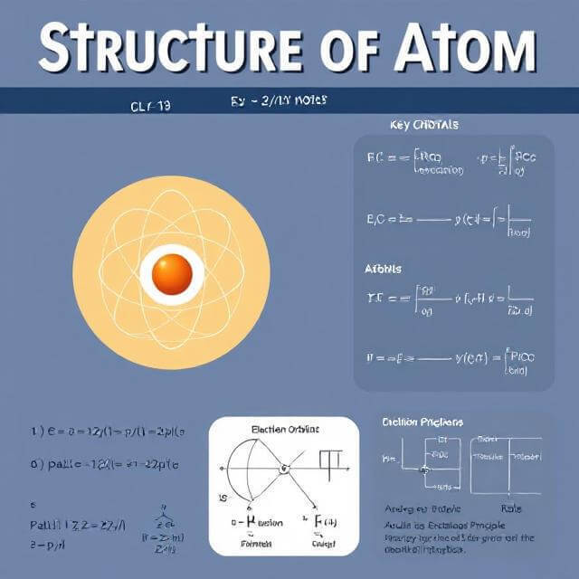 Illustrated poster showing atomic structure concepts from Class 11 Chemistry Chapter 2 with labeled diagrams, orbital shapes, and principles for JEE/NEET preparation.