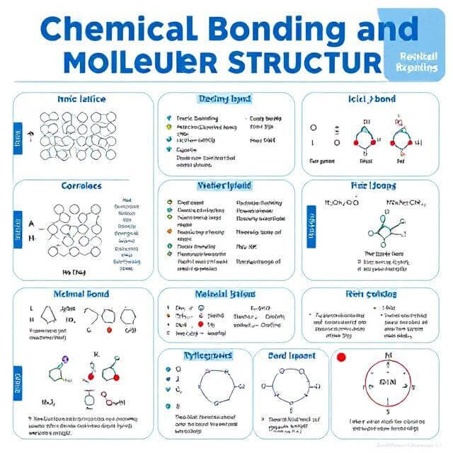 JEE NEET Chemistry Notes – Infographic on Chemical Bonding and Molecular Structure with diagrams of sigma pi bonds, hybridization, MO theory, ionic covalent and coordinate bonds