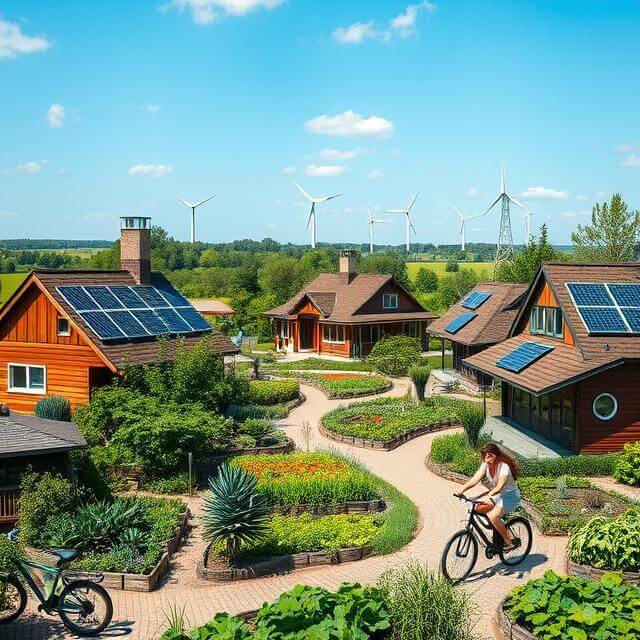 Eco-friendly rural village in Russia with solar panels, wind turbines, organic farming, and electric bikes.